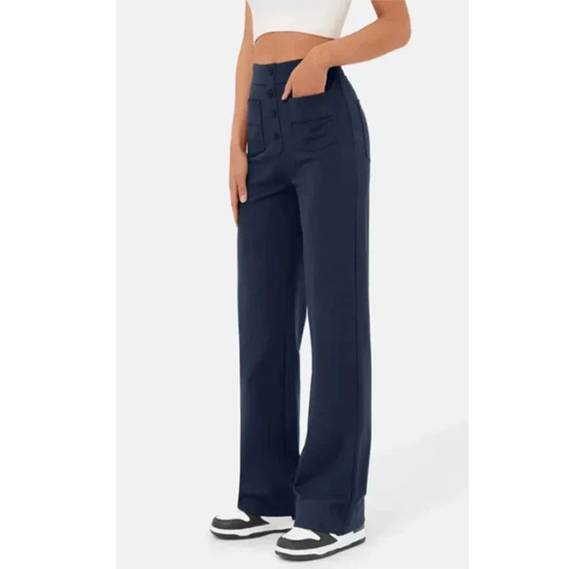 Pantalon Droit Taille Haute à Boutons