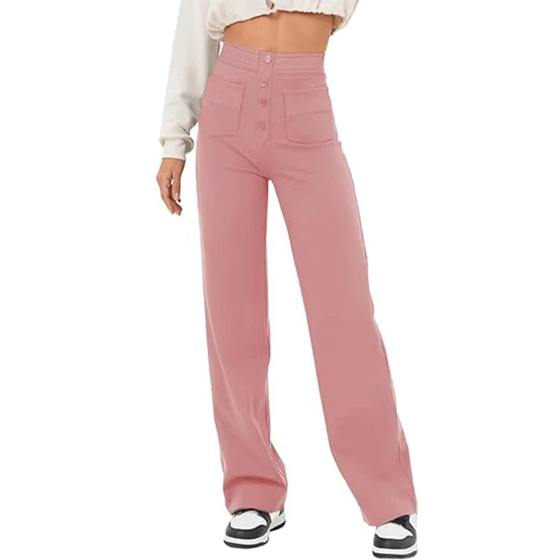 Pantalon Droit Taille Haute à Boutons