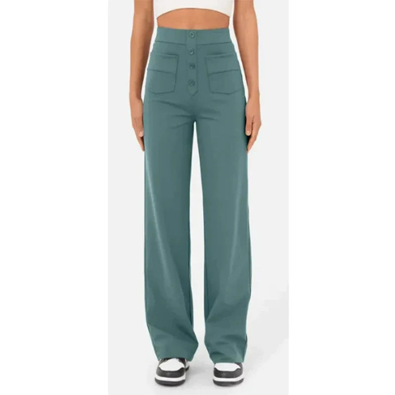 Pantalon Droit Taille Haute à Boutons