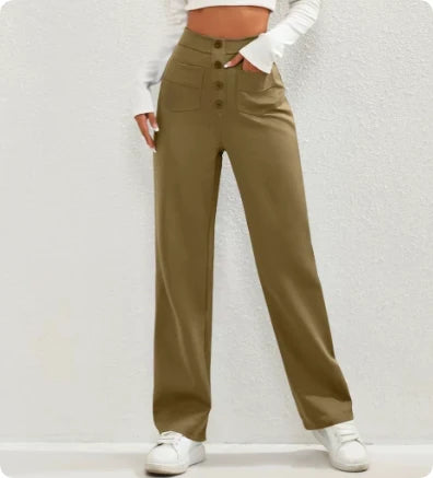 Pantalon Droit Taille Haute à Boutons