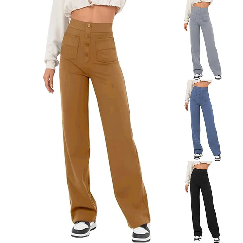 Pantalon Droit Taille Haute à Boutons