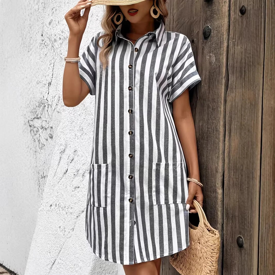 Robe Mi-Longue Rayée Boutonnée