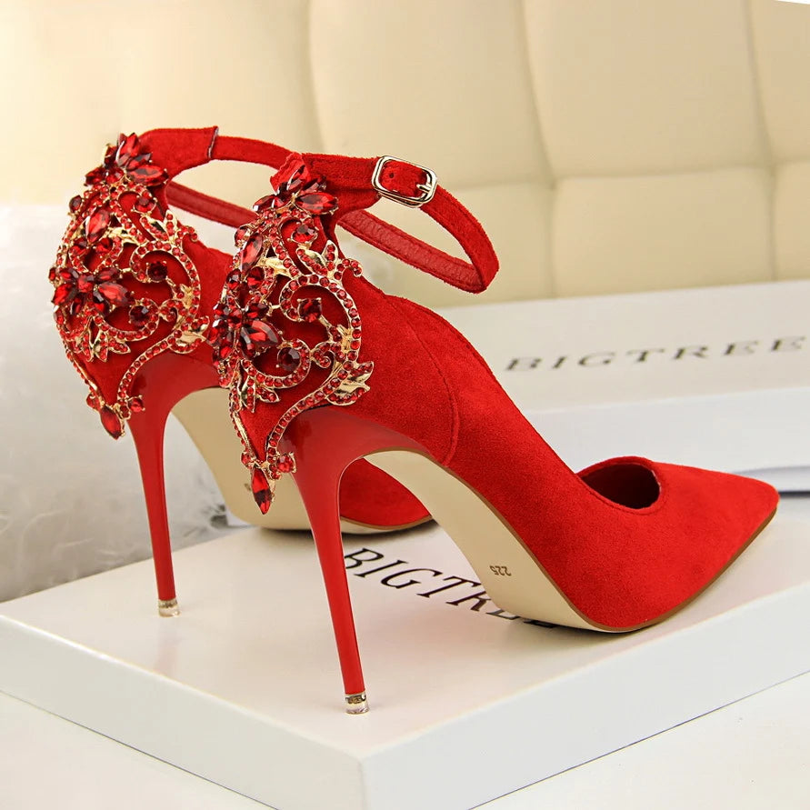 Escarpins en Suédine à Talons Aiguilles et Strass