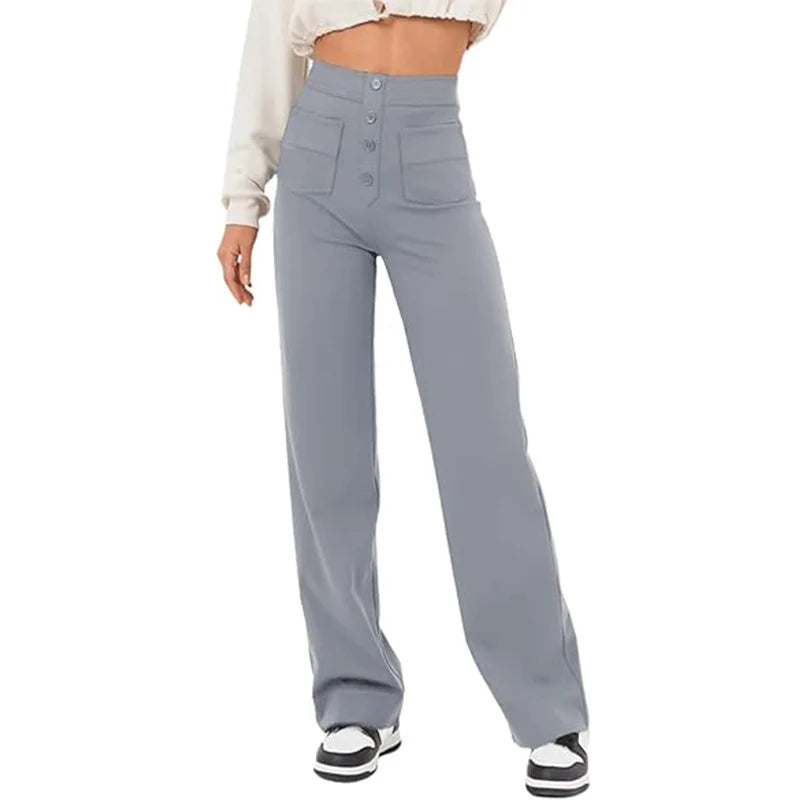 Pantalon Droit Taille Haute à Boutons