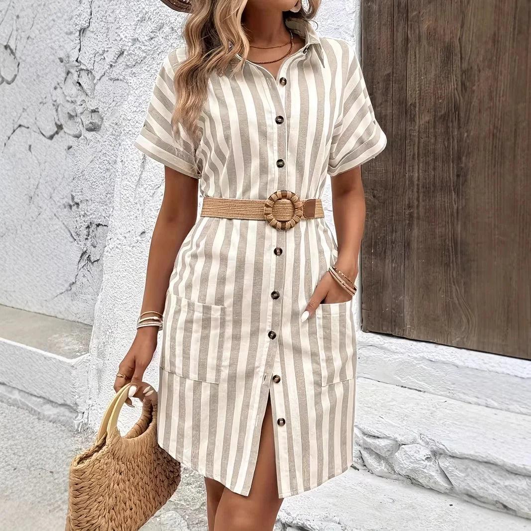 Robe Mi-Longue Rayée Boutonnée