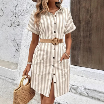 Robe Mi-Longue Rayée Boutonnée