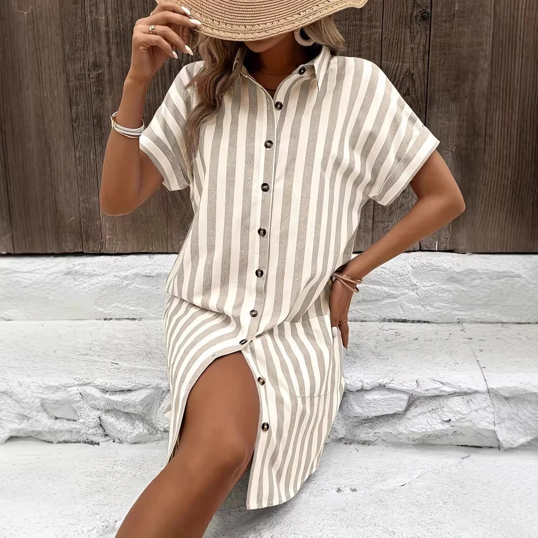 Robe Mi-Longue Rayée Boutonnée