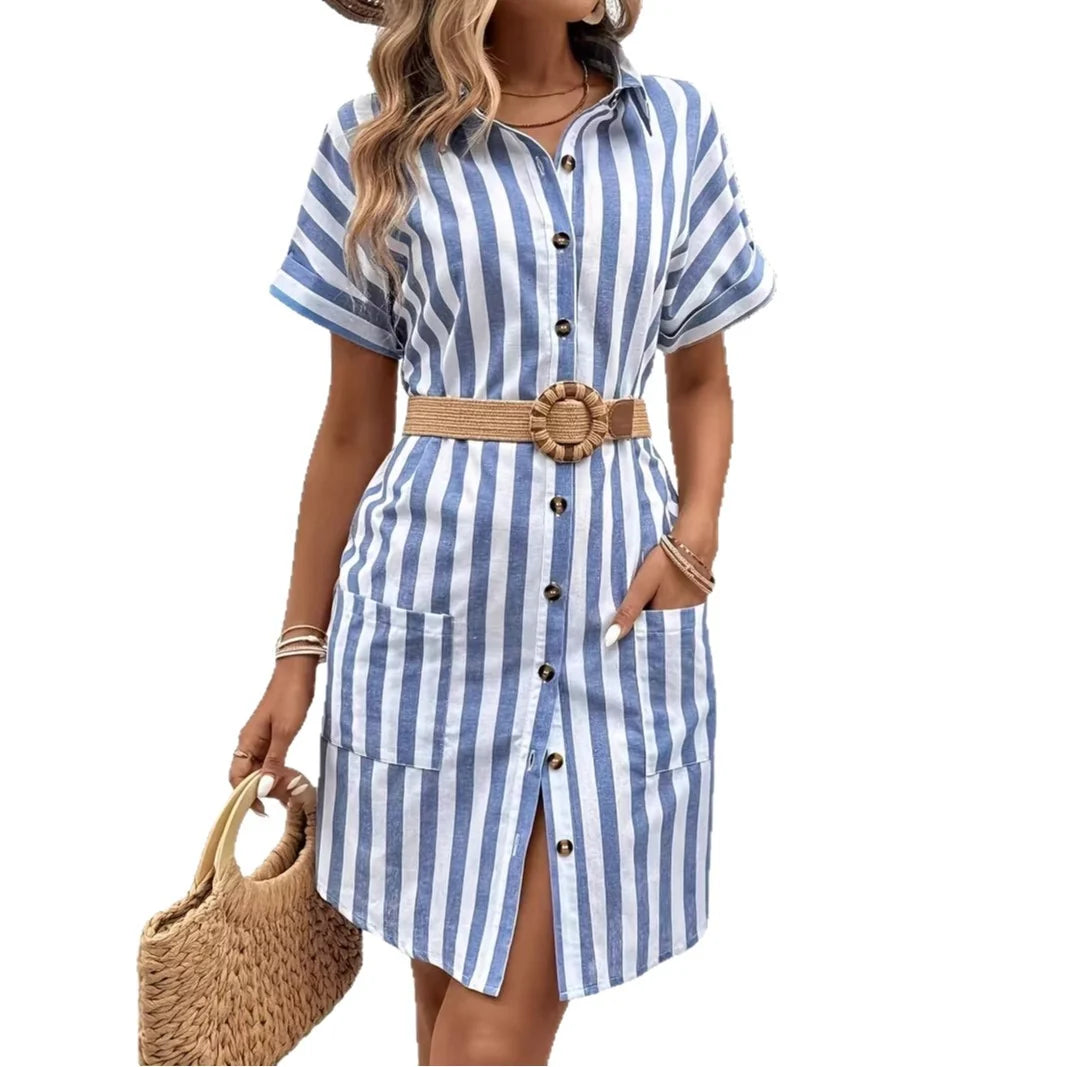 Robe Mi-Longue Rayée Boutonnée