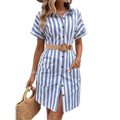 Robe Mi-Longue Rayée Boutonnée