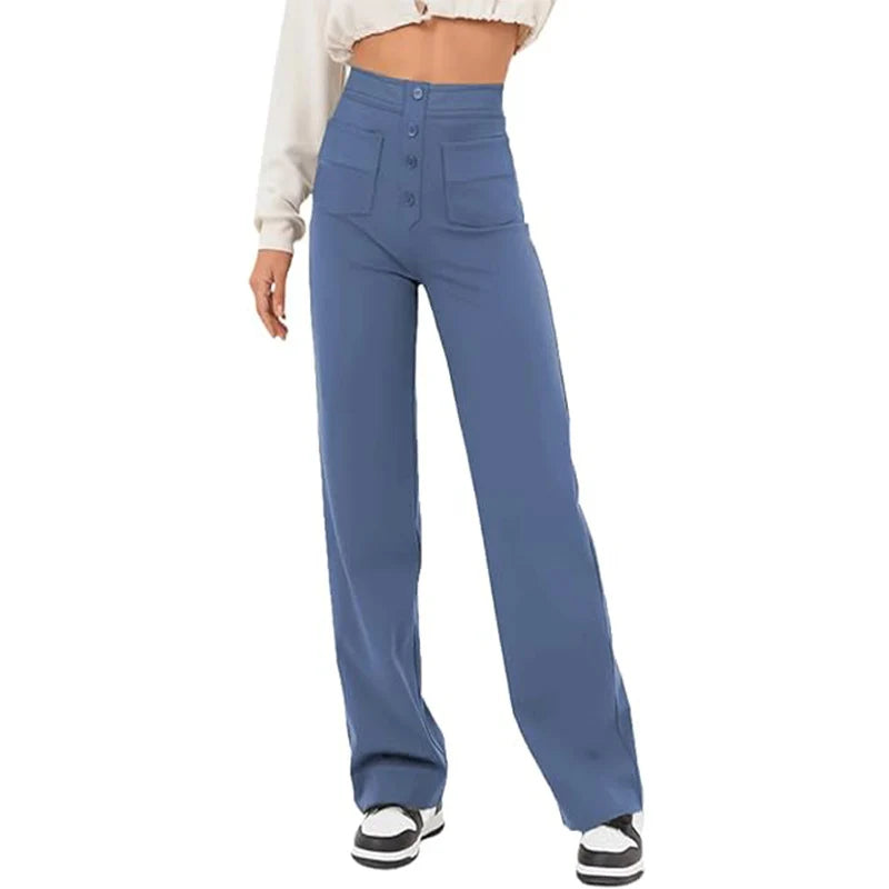 Pantalon Droit Taille Haute à Boutons