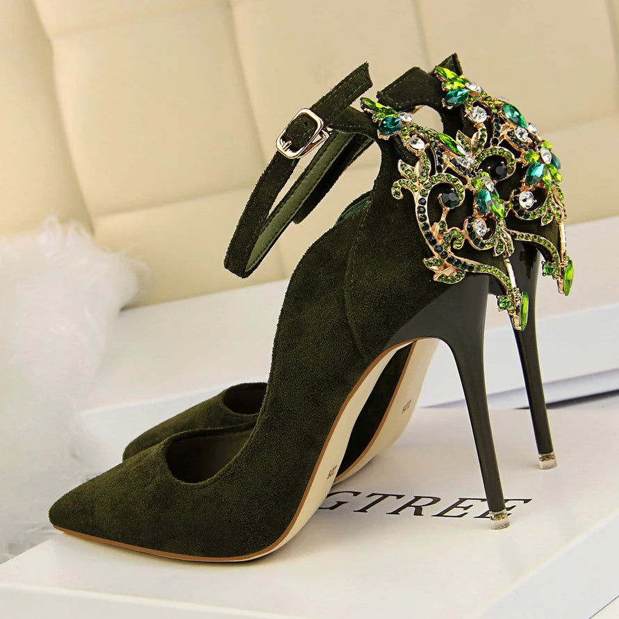 Escarpins en Suédine à Talons Aiguilles et Strass