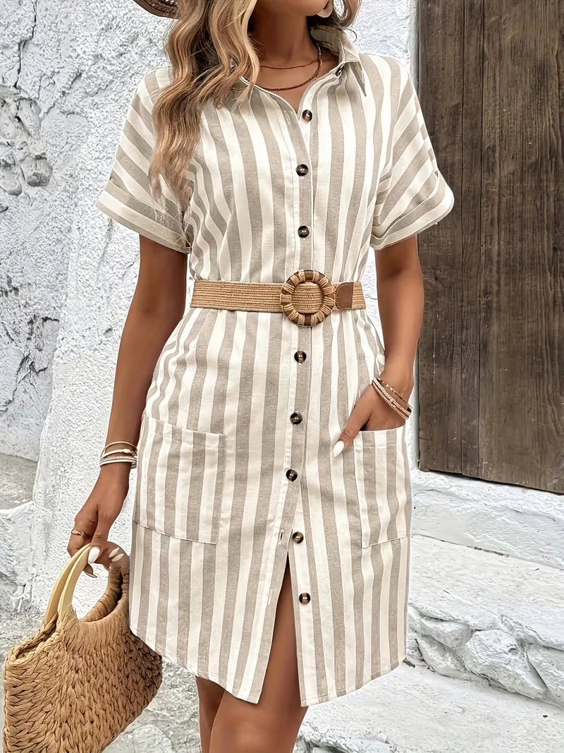 Robe Mi-Longue Rayée Boutonnée