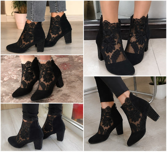 Bottines à Talons Épais et Dentelle